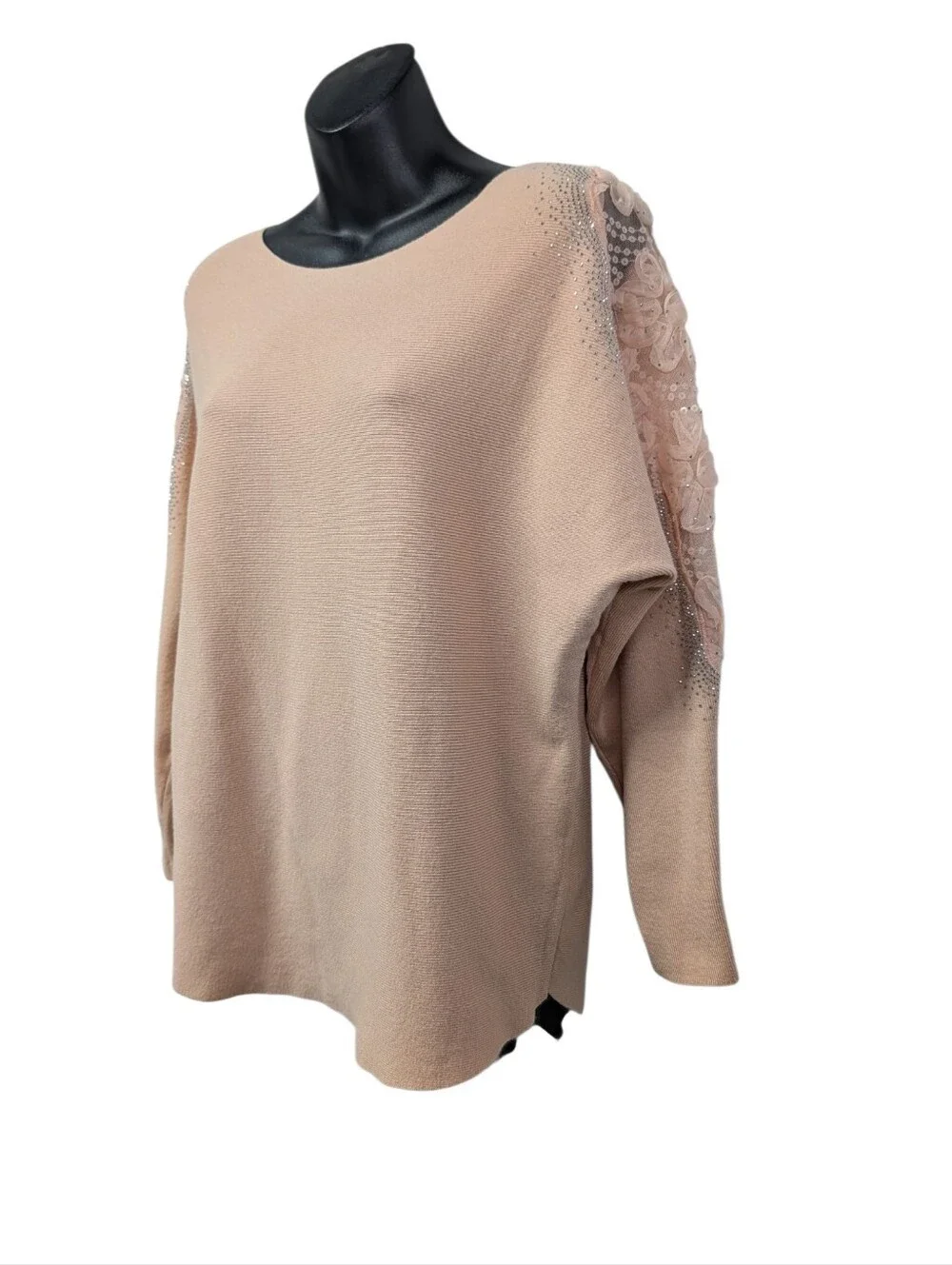 LIV Milano Womens Pale Pink Solid Knit Boat Neck Pullover Lace Rhinestone Size L